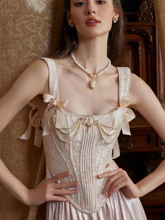 Lace made Other - Elegant Cream Lace Corset with Pearl Chain Detail